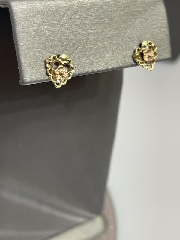 View six of 14KT Yellow & Pink Gold Heart Shaped Floral Post Earrings