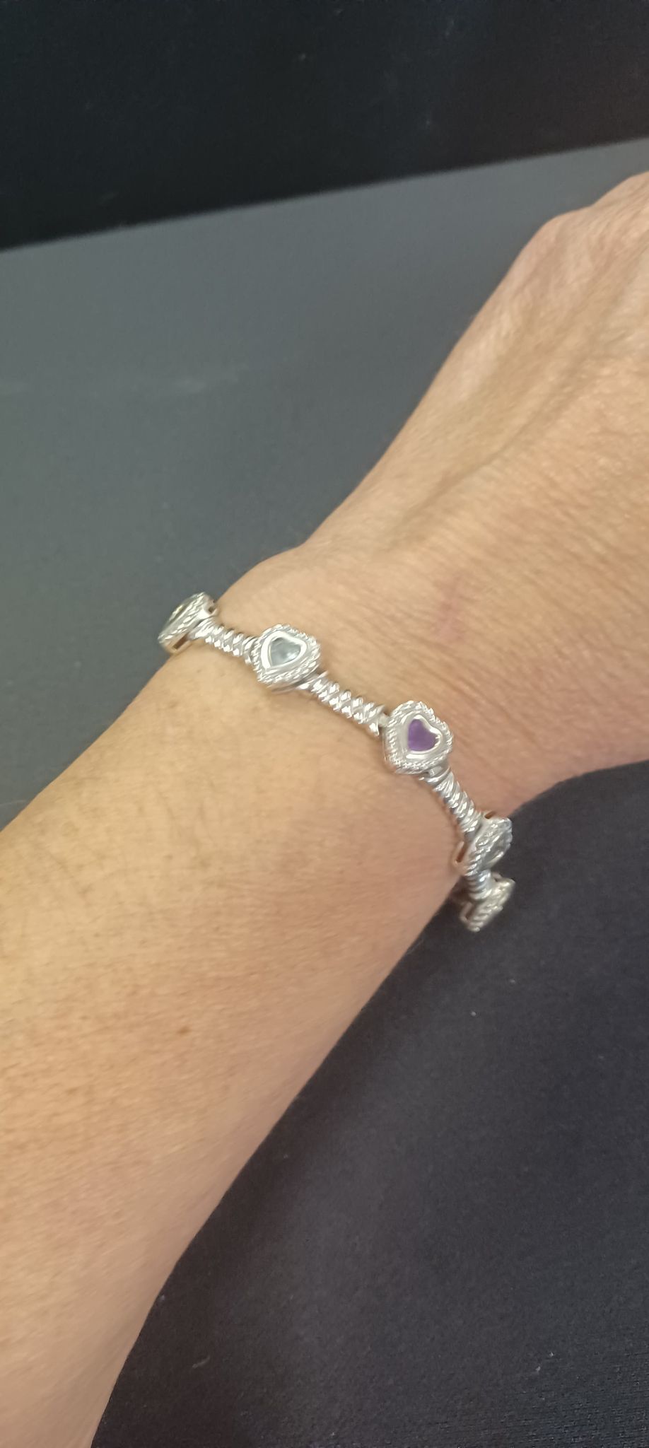Sterling Silver .925 Heart And Bar Link Bracelet With Lilac And Teal Gemstones