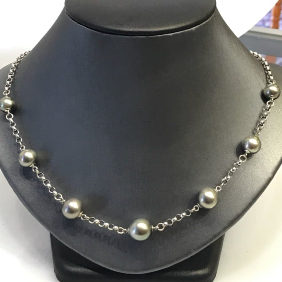 14 Karat White Gold 23" Rolo Link Necklace with South Sea Black Pearls - Philadelphia Gold & Silver Exchange