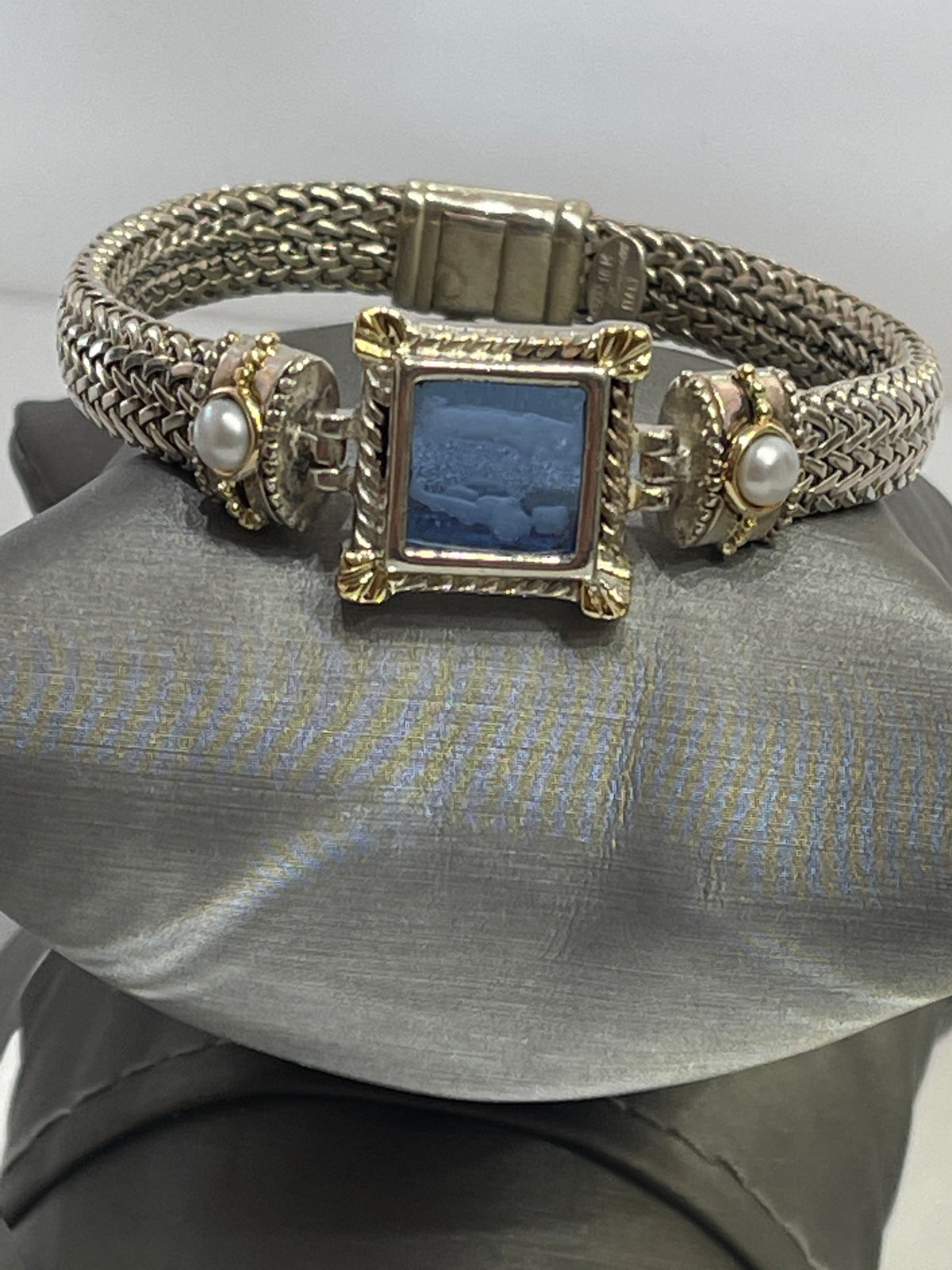 Sterling Silver And 14 Karat Yellow Gold Bracelet Etched Blue Stone Pearl Accent
