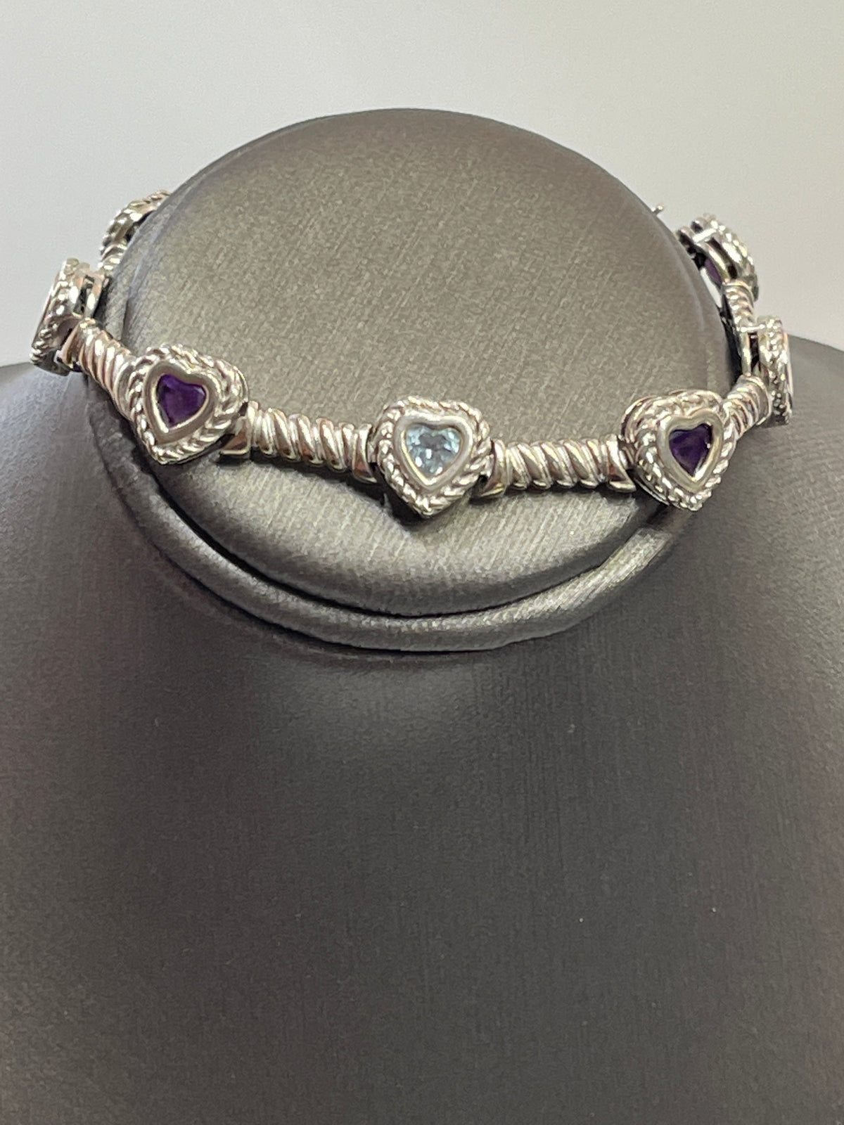 Sterling Silver .925 Heart And Bar Link Bracelet With Lilac And Teal Gemstones