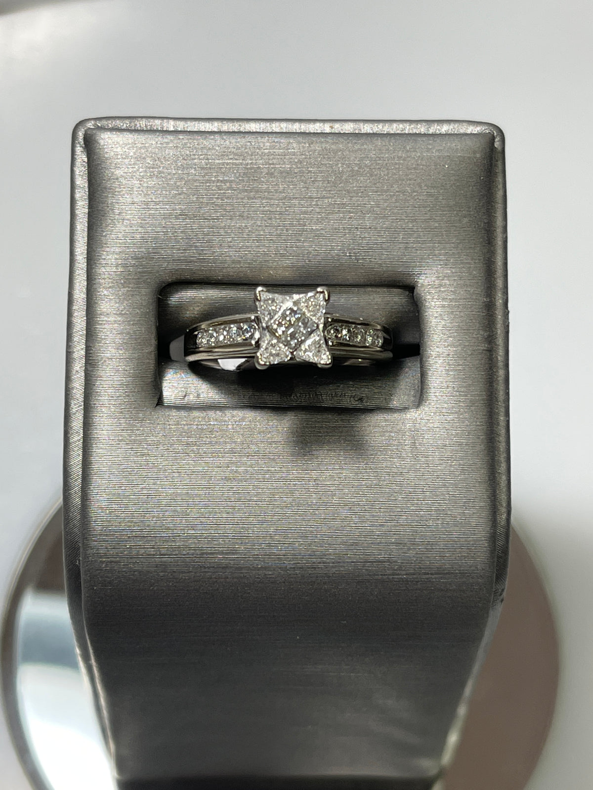 14 Karat White Gold Diamond Cluster Engagement Ring Princess And Trillion Cut Diamond Ring