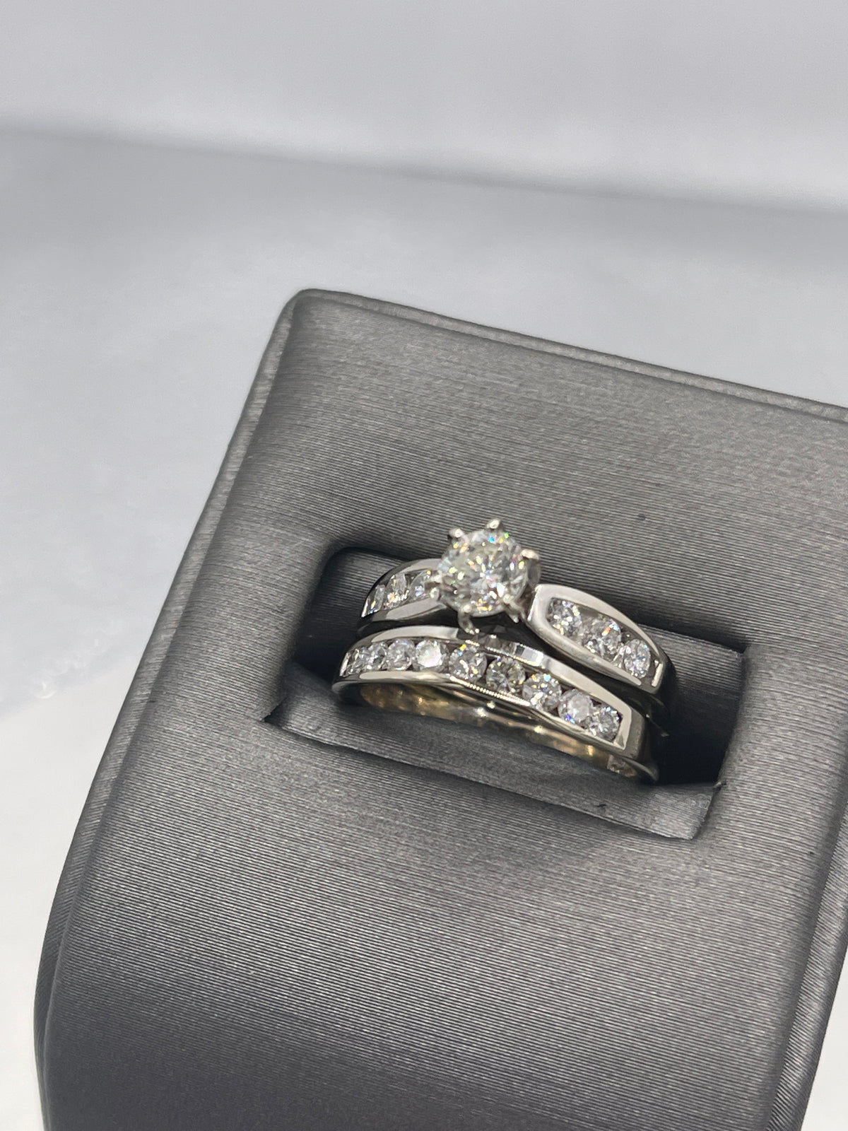 top view of 14 Karat White Gold Diamond Wedding Set Engagement Ring Matching Diamond Bands