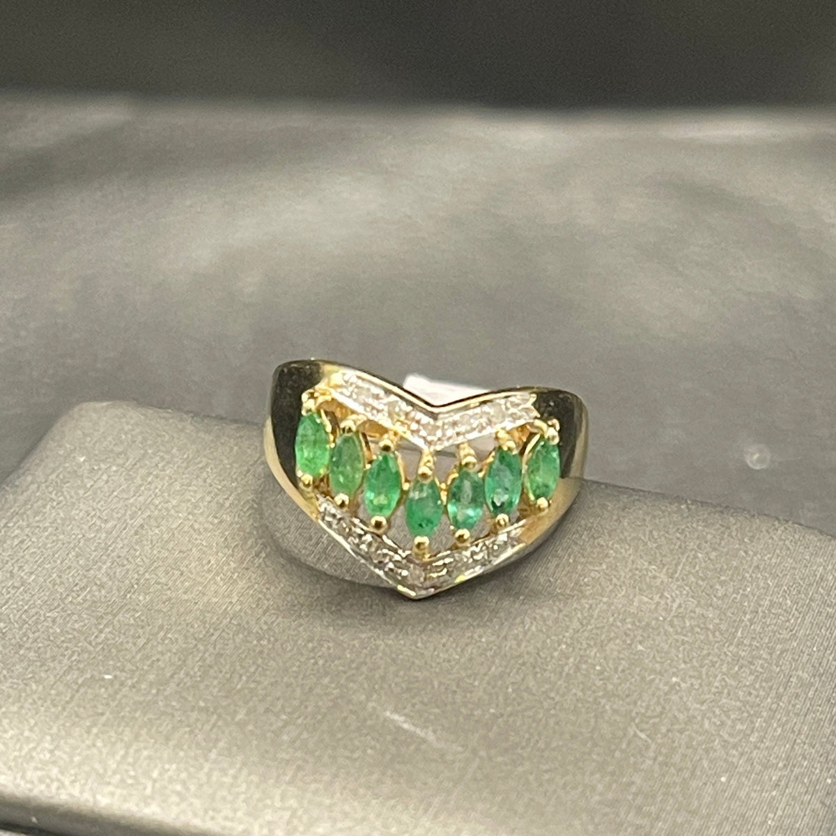 14 Karat Yellow Gold Marquise Shaped Emeralds And Pave Diamond Ring