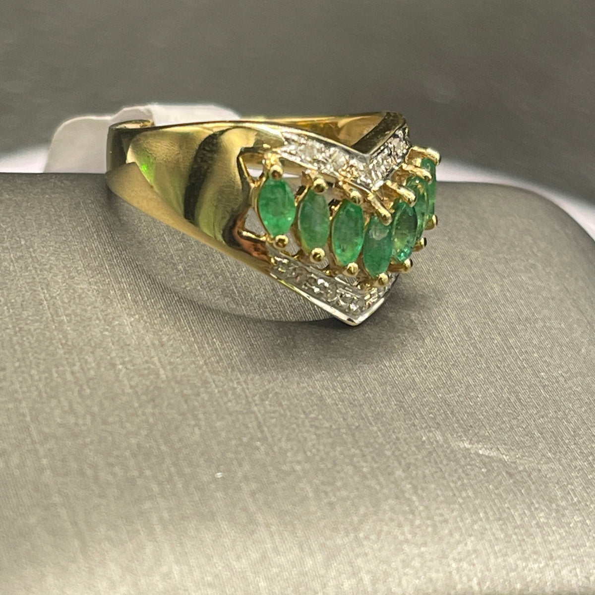 14 Karat Yellow Gold Marquise Shaped Emeralds And Pave Diamond Ring