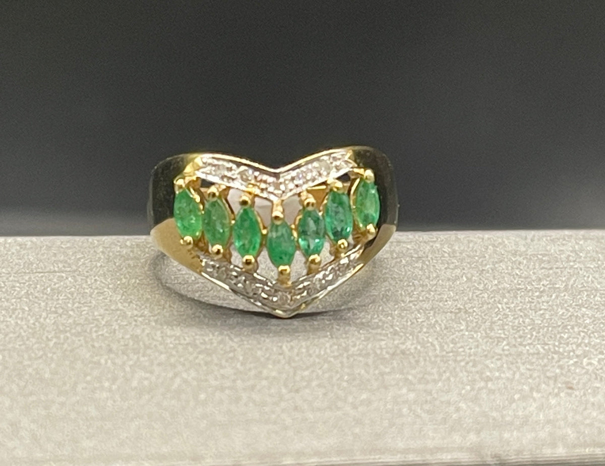 14 Karat Yellow Gold Marquise Shaped Emeralds And Pave Diamond Ring