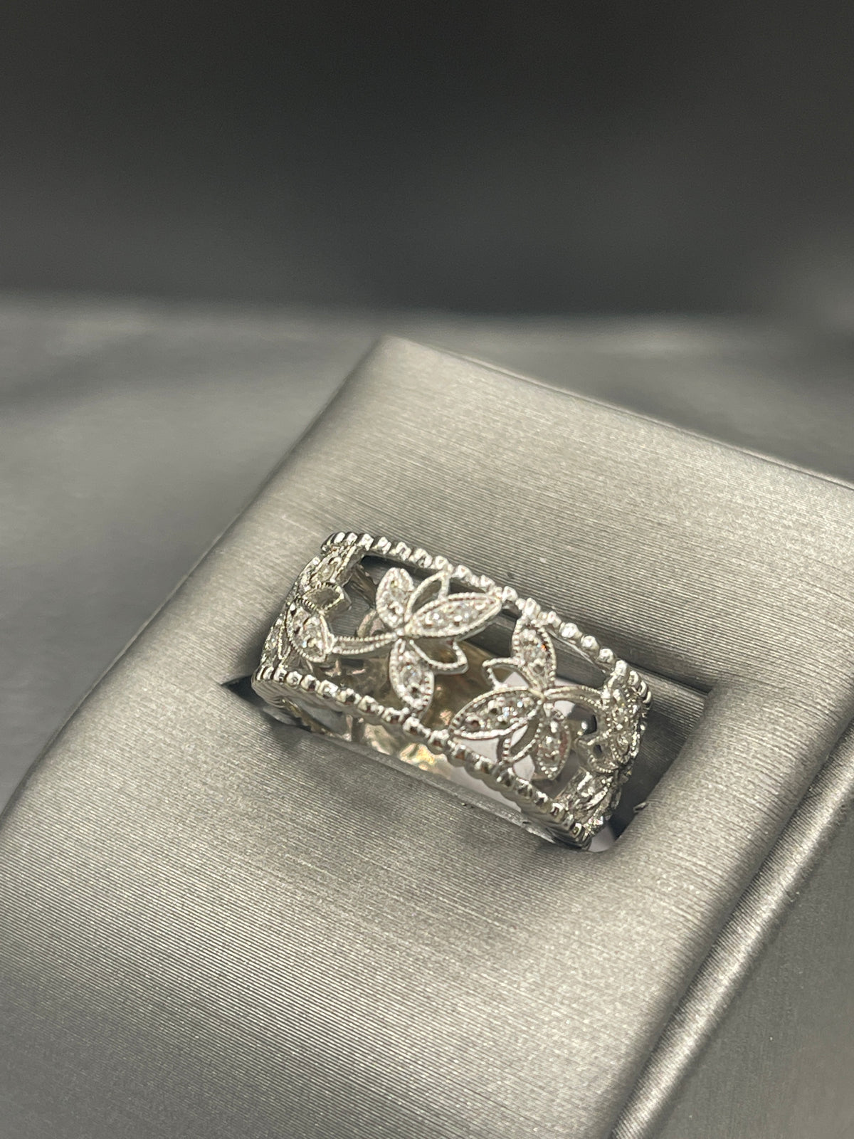 view three of 14 Karat White Gold Diamond Band Beautiful Floral Leaf Design Through Ring