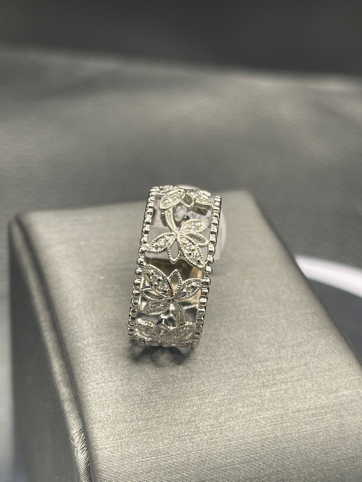 view four of 14 Karat White Gold Diamond Band Beautiful Floral Leaf Design Through Ring