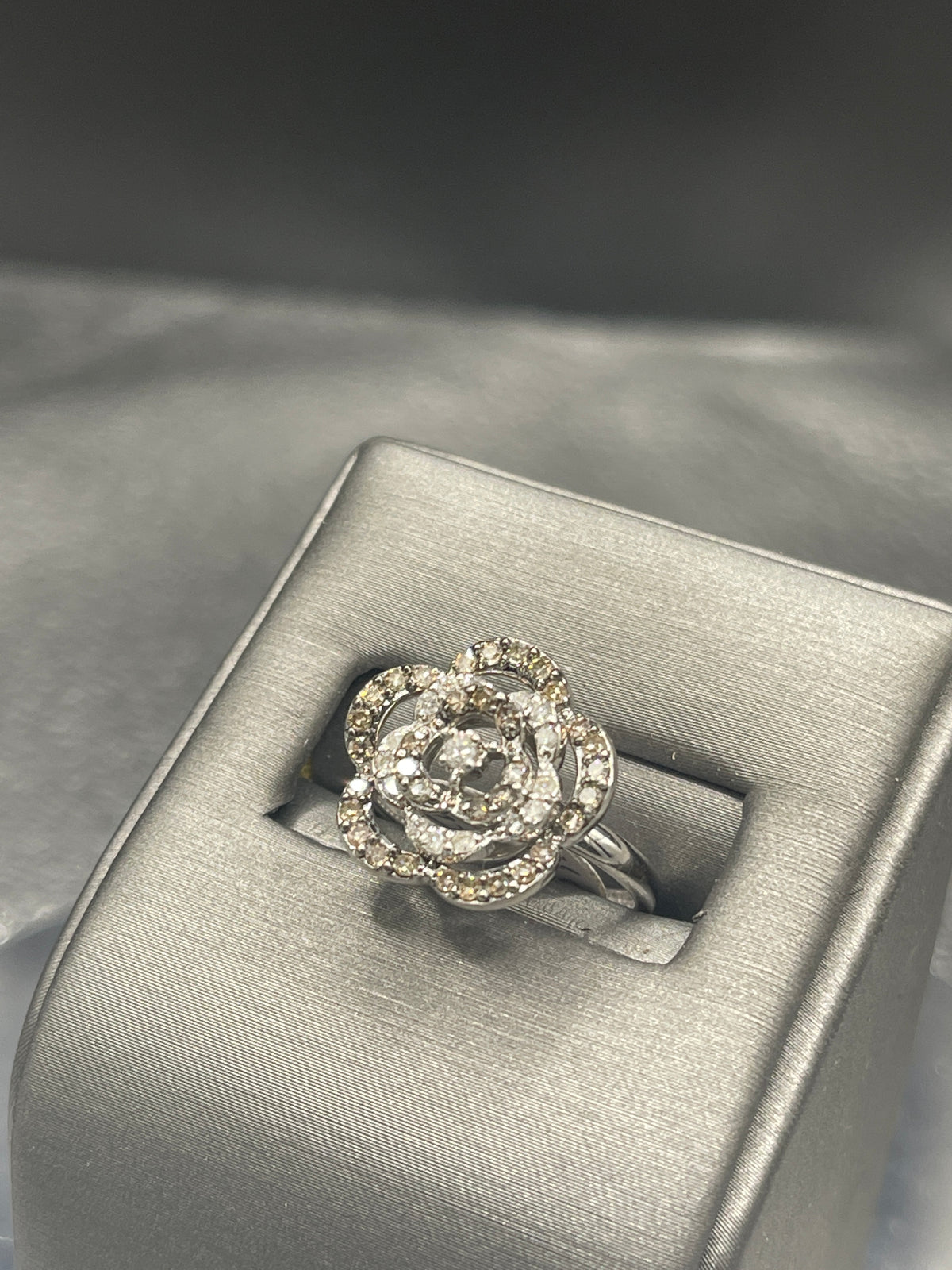 View three of Vintage 14 Karat White Gold Diamond Floral Bouquet Ring Flower Over 1 Carat Diamond Ring