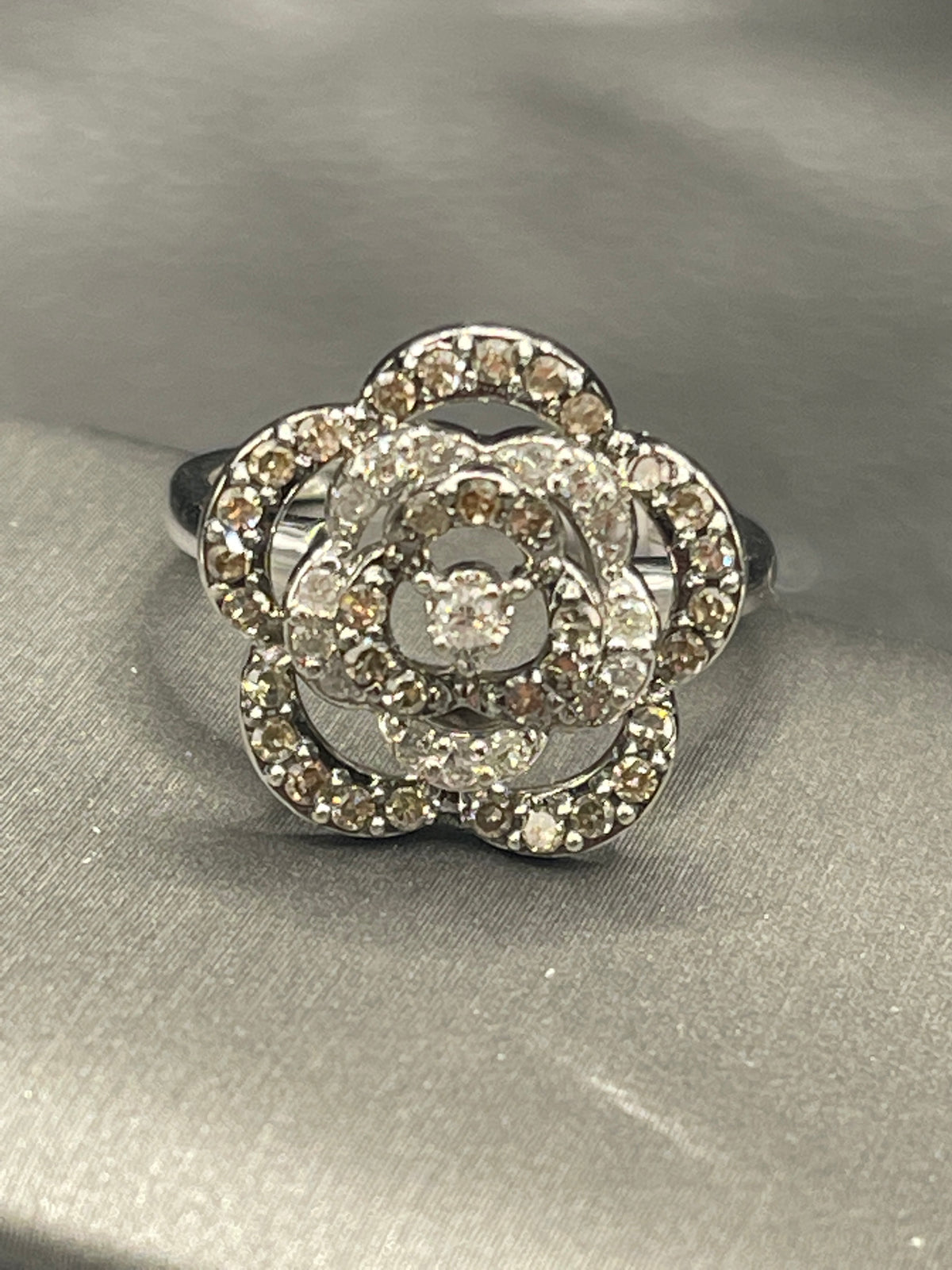 View five of Vintage 14 Karat White Gold Diamond Floral Bouquet Ring Flower Over 1 Carat Diamond Ring