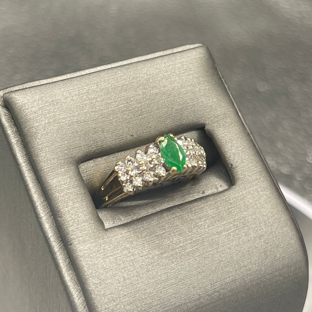 14K Yellow Gold Marquise Cut Emerald And Diamond Ring Pyramid Style Ring Green & White