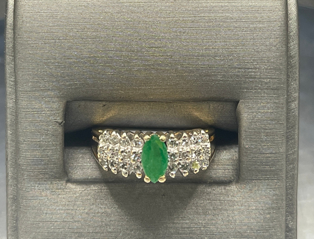 14K Yellow Gold Marquise Cut Emerald And Diamond Ring Pyramid Style Ring Green & White