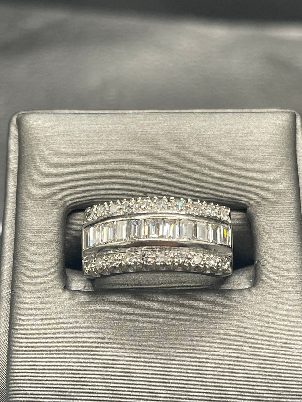 View one of Vintage Platinum Diamond Band With Baguettes And Round Diamonds Heavy Band Incredible Ring