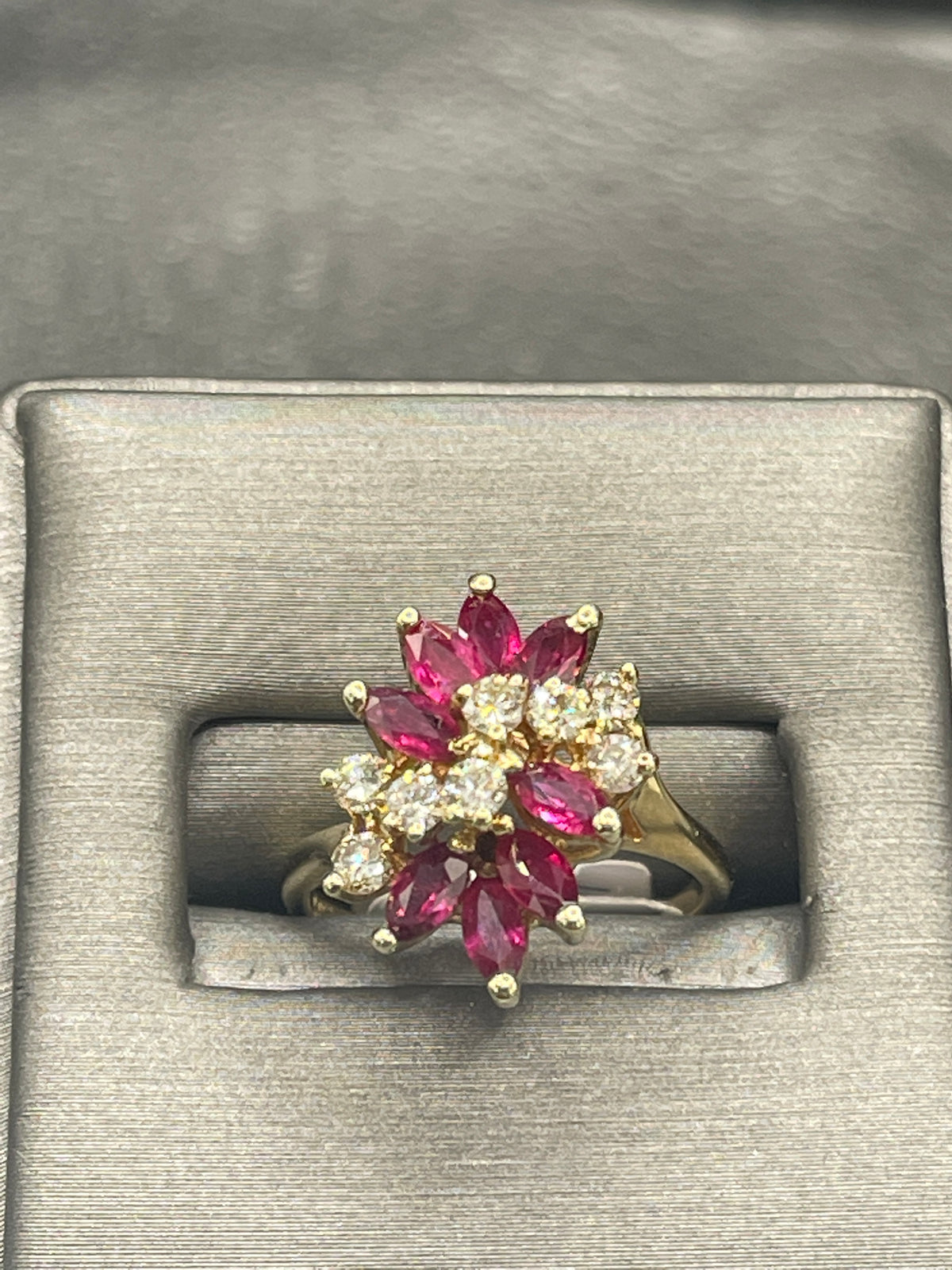 View one of 14 Karat Yellow Gold Marquise Ruby And Round Diamond Cluster Statement Ring