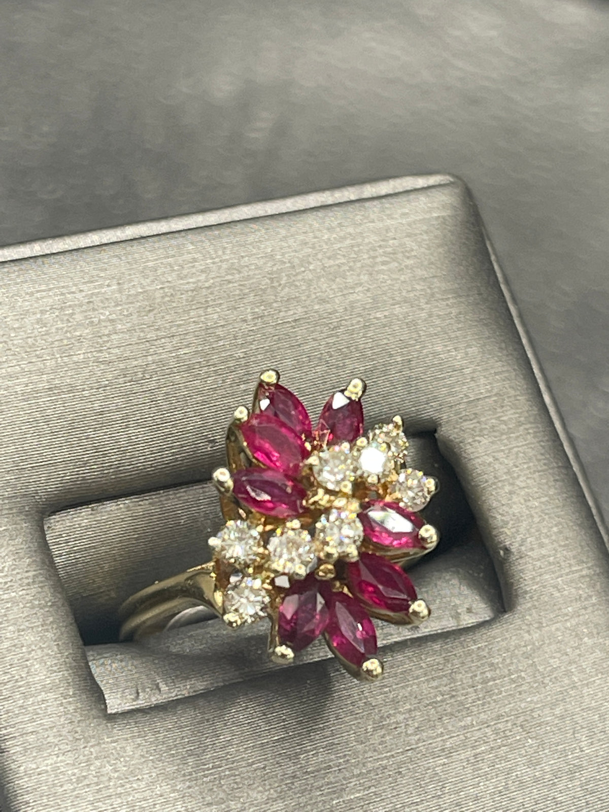 View two of 14 Karat Yellow Gold Marquise Ruby And Round Diamond Cluster Statement Ring