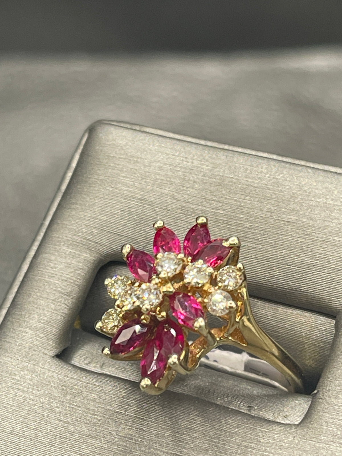 View three of 14 Karat Yellow Gold Marquise Ruby And Round Diamond Cluster Statement Ring