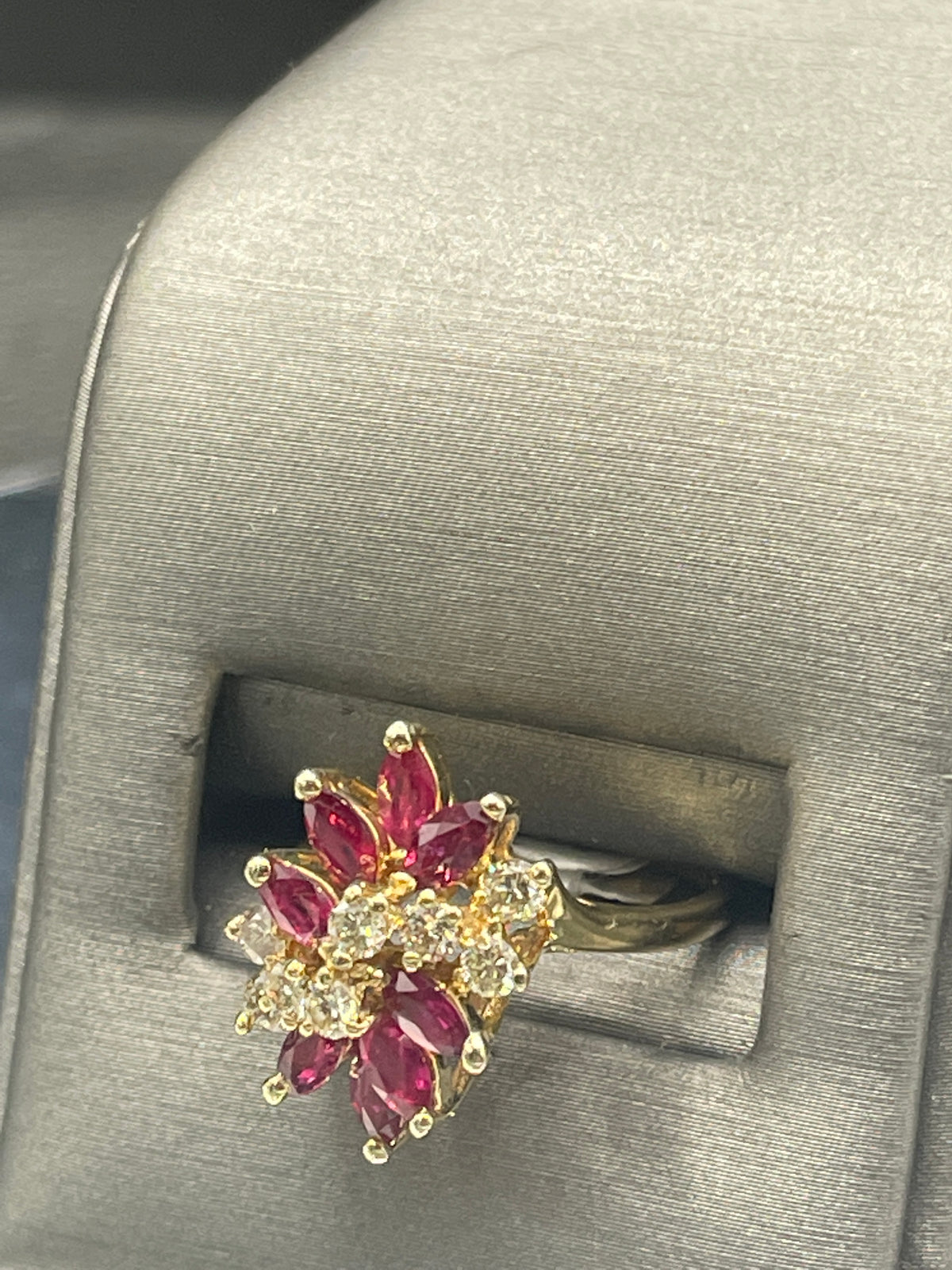 View six of 14 Karat Yellow Gold Marquise Ruby And Round Diamond Cluster Statement Ring