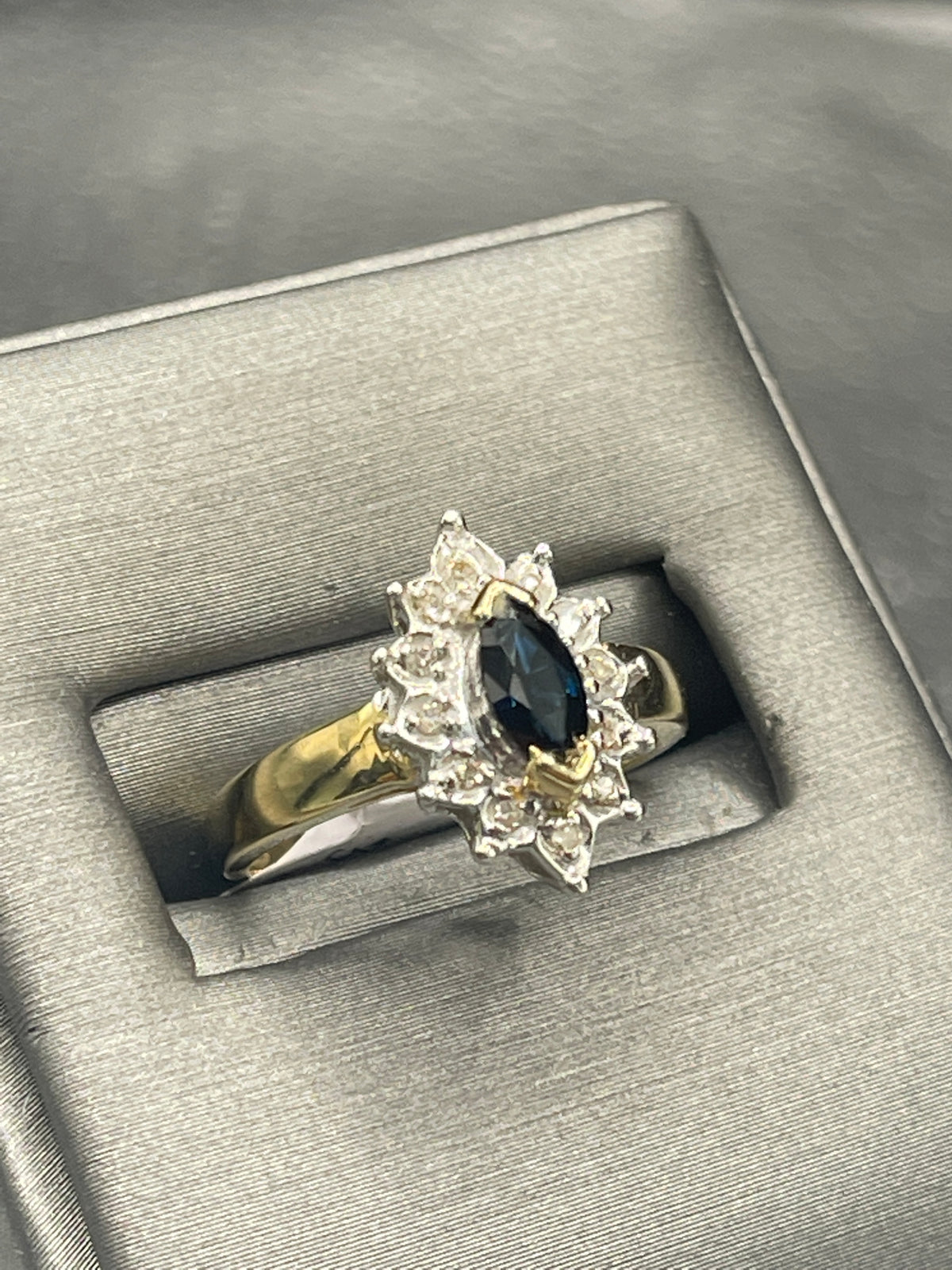 14K Yellow Gold Marquise Shaped Sapphire & Diamond Halo Ring