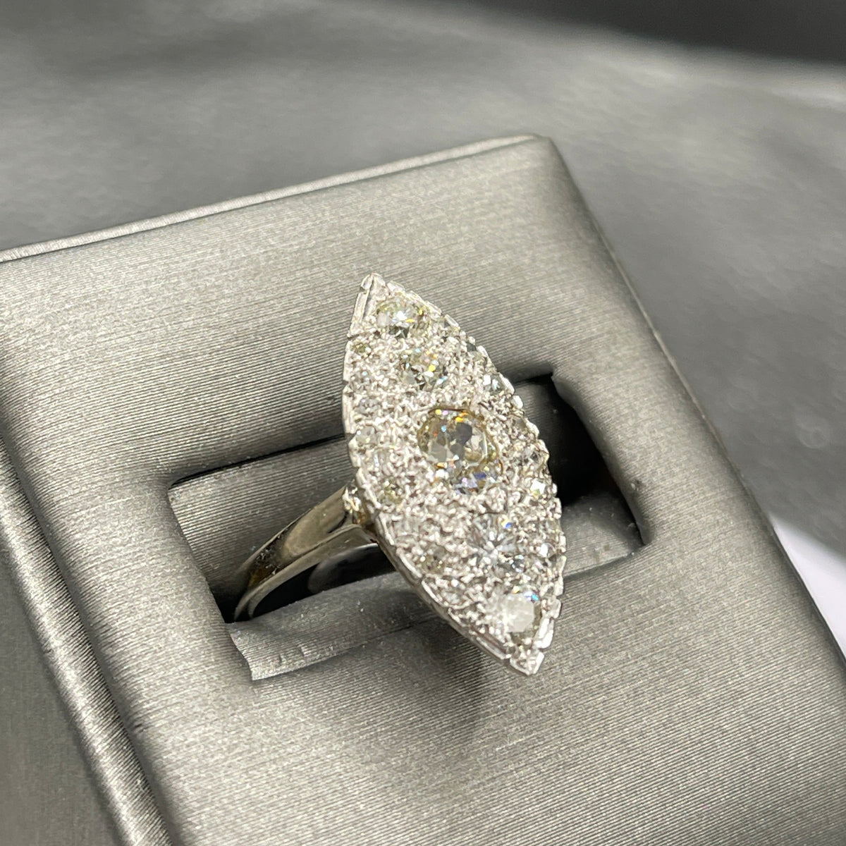View two of Antique 14 Karat White Gold Diamond Ring European And Miner Cuts Stunning Cluster Cocktail Estate Jewelry