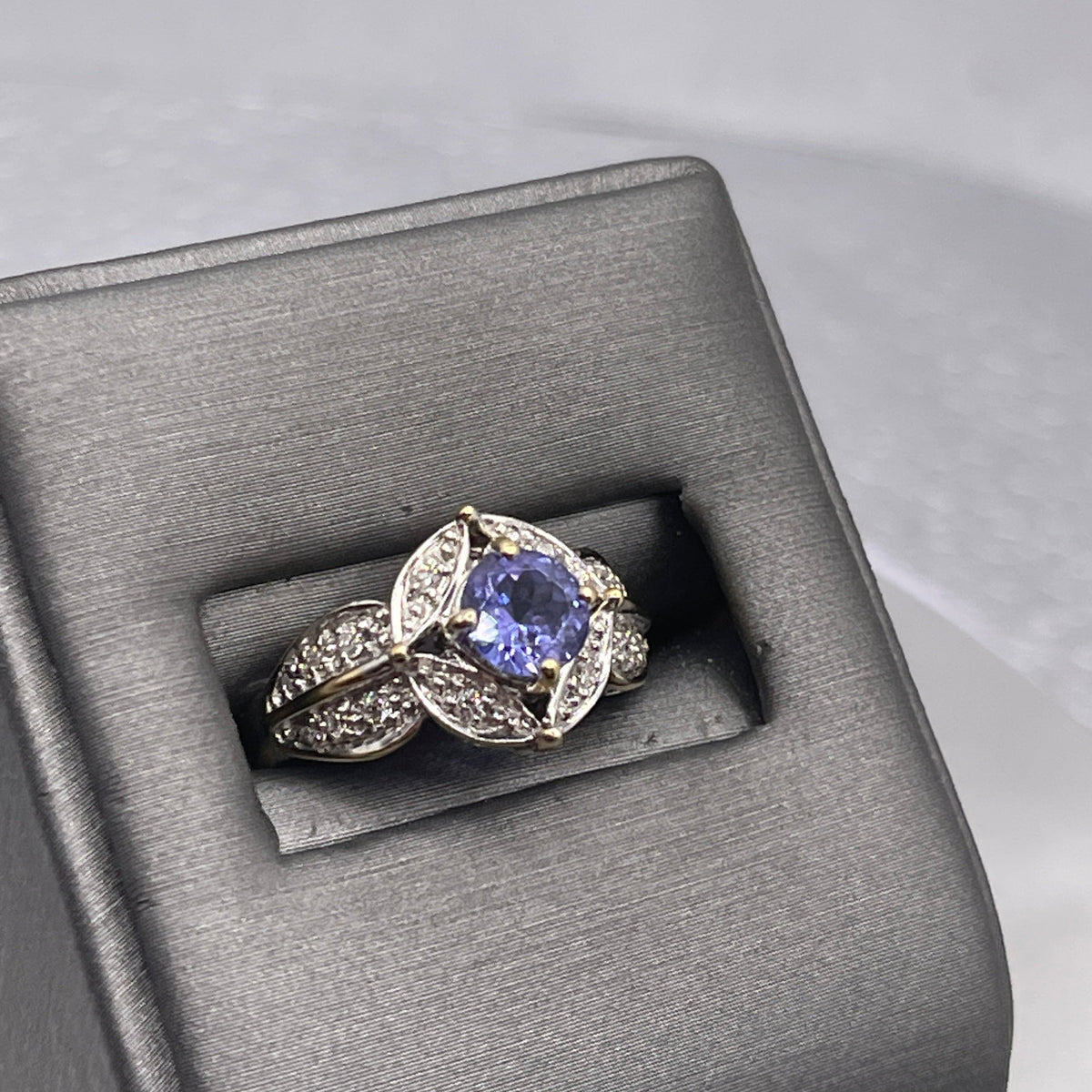 18 Karat White Gold Blue Round Tanzanite And Diamond Halo Ring - Philadelphia Gold & Silver Exchange