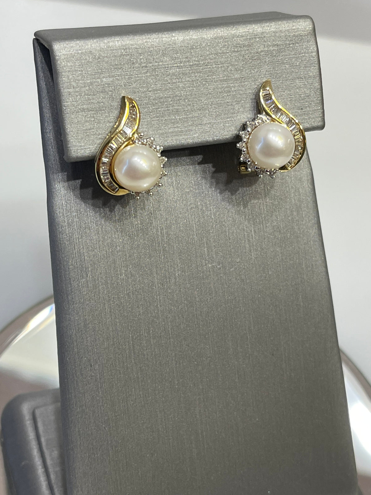 View four of Ladies 14 Karat Yellow Gold Diamond And Pearl Earrings