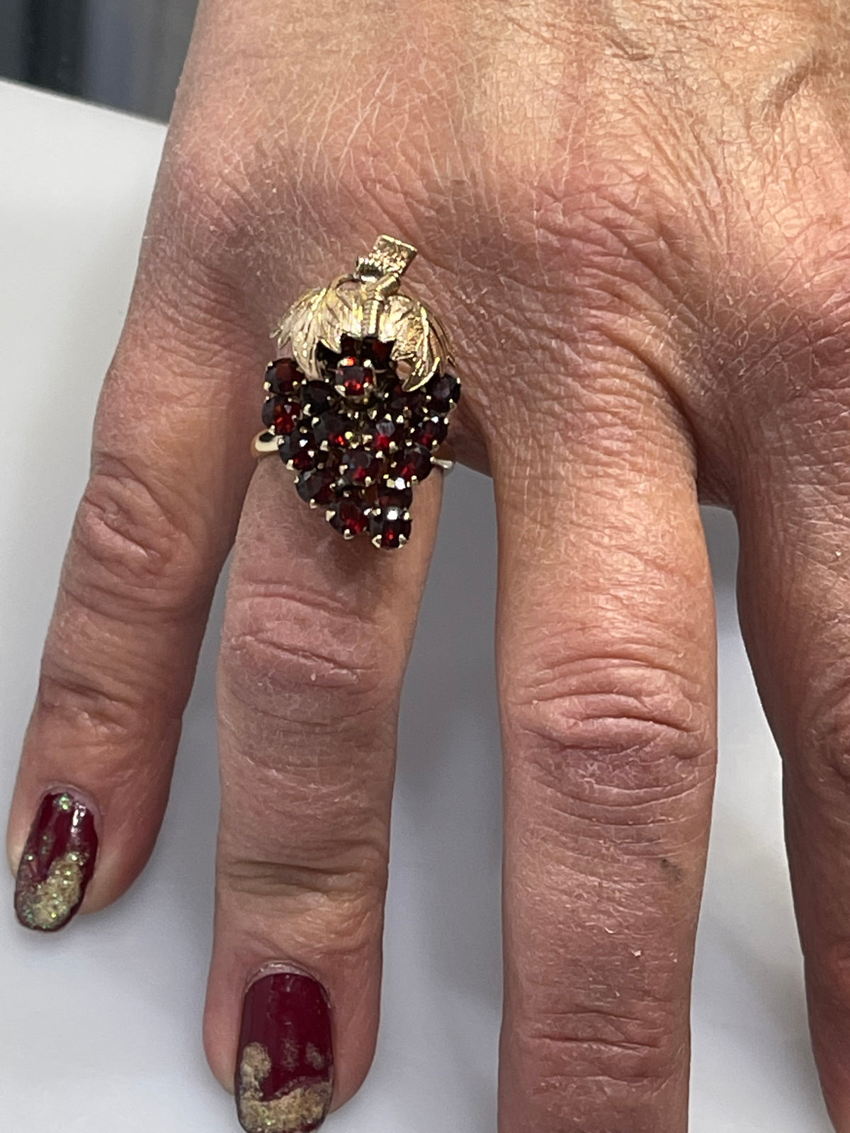 View seven of 14K YELLOW GOLD ART DECO GARNET GRAPE LEAF RING