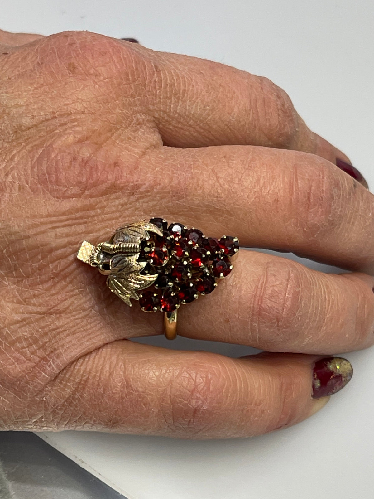 View nine of 14K YELLOW GOLD ART DECO GARNET GRAPE LEAF RING