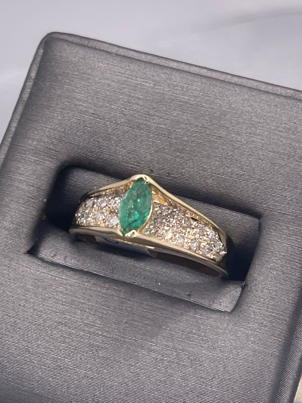 Ladies 14 Karat Yellow Gold Marquise Emerald & Diamond Ring