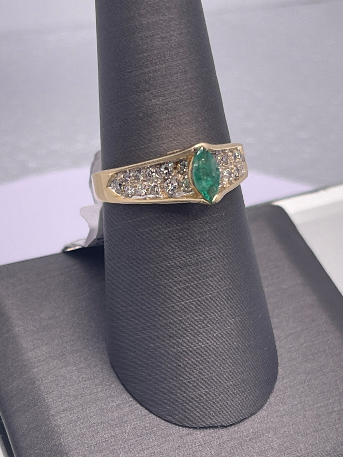 Ladies 14 Karat Yellow Gold Marquise Emerald & Diamond Ring
