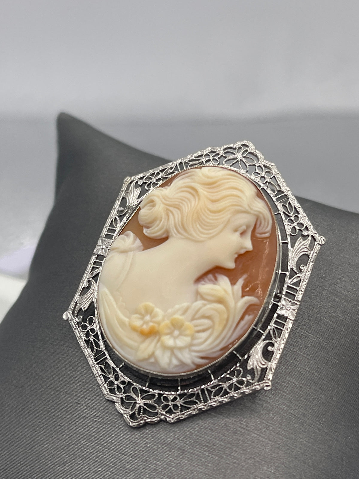 View one of Ladies Beautiful Vintage 10 Karat White Gold Filagree Cameo Pin