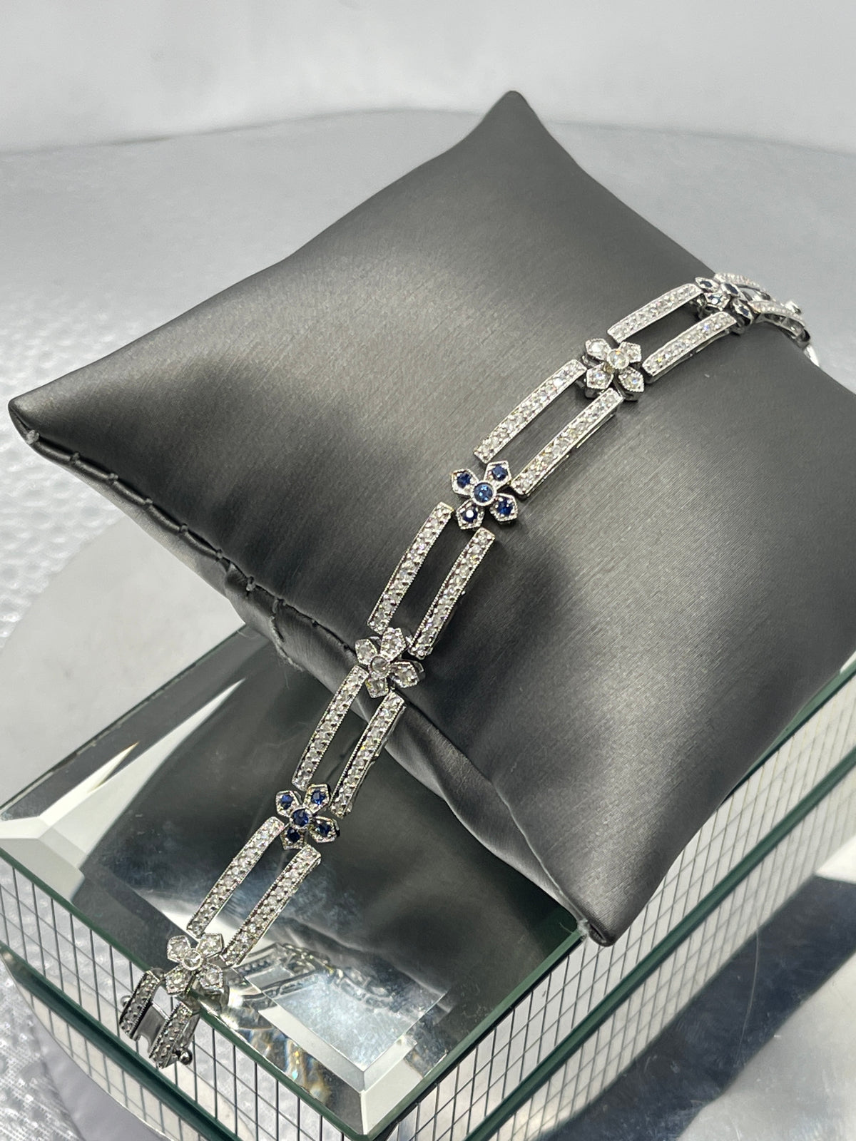 Ladies 14 Karat White Gold Diamond & Sapphire Link Bracelet