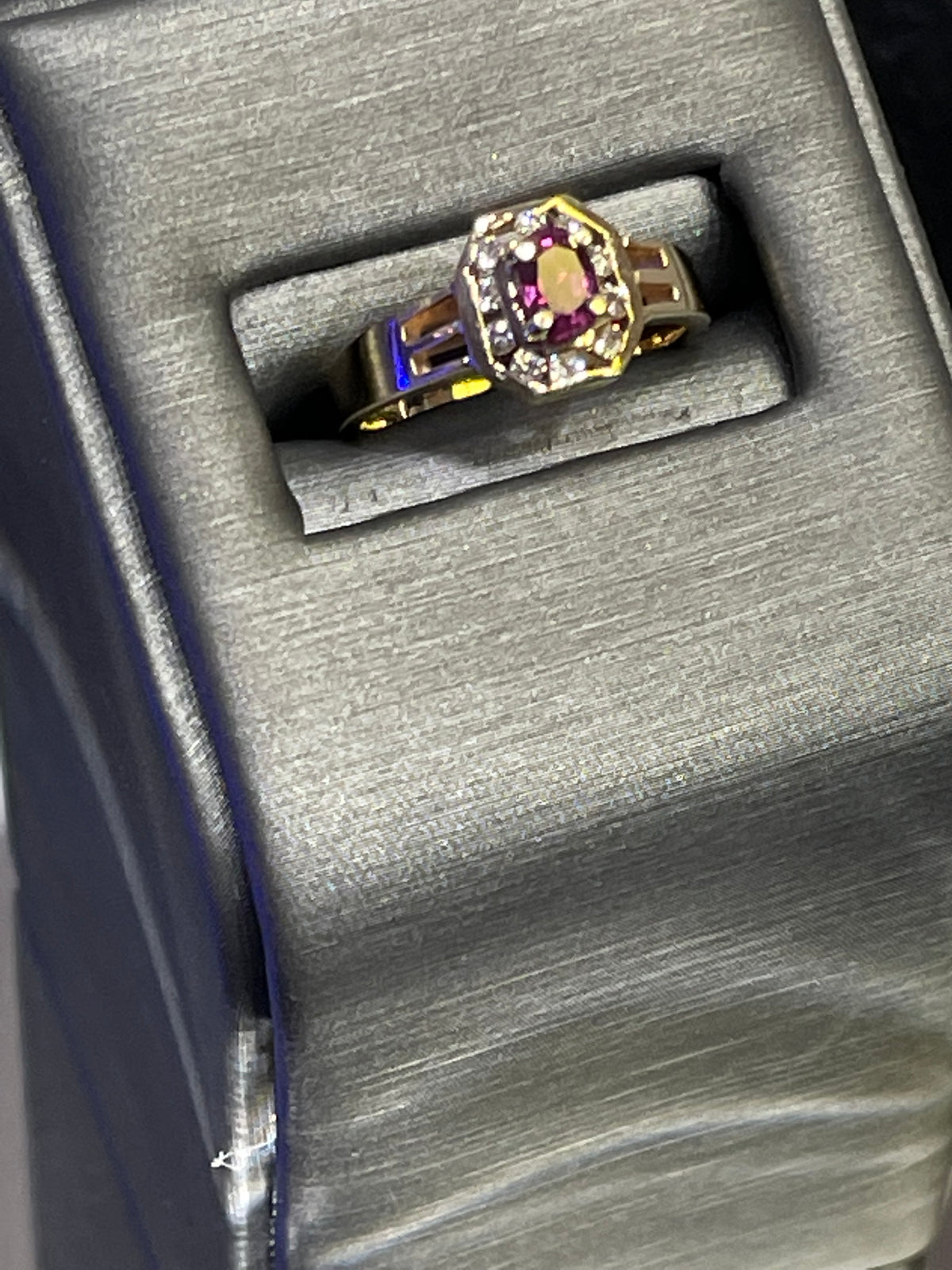 14KT Y/G Ruby & Diamond Ring Ruby With Halo Surround Ring