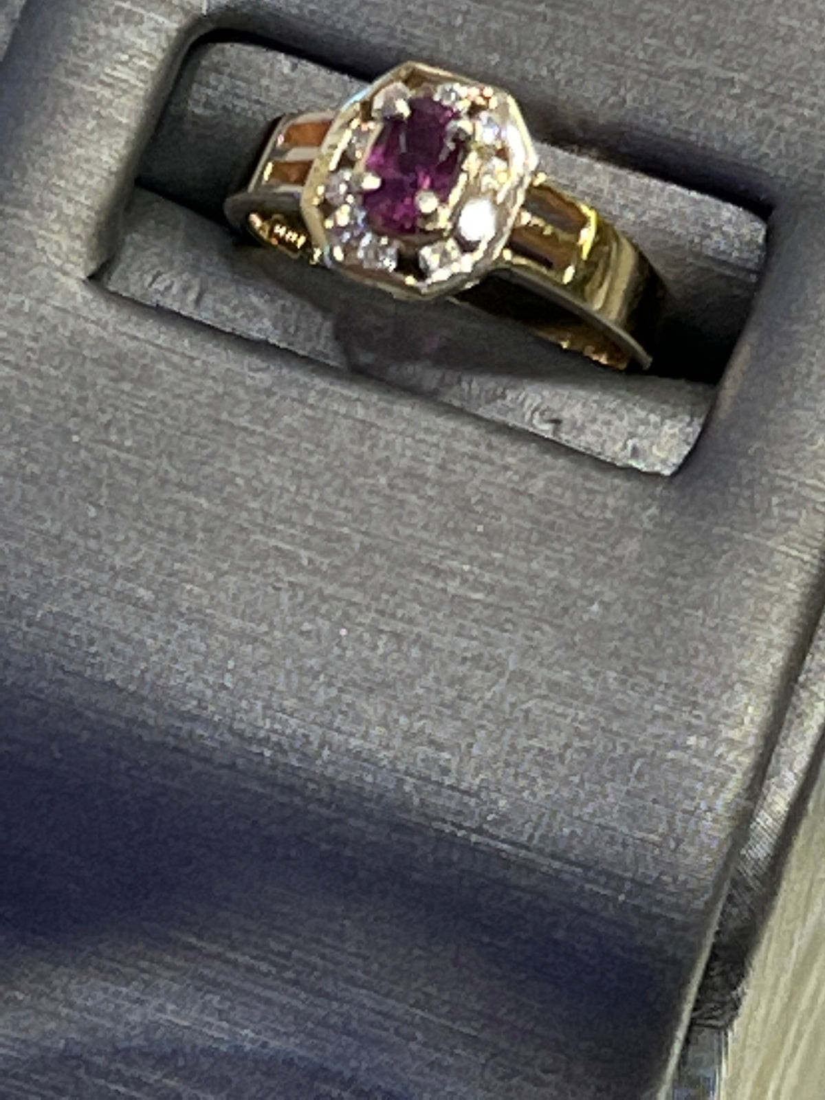 14KT Y/G Ruby & Diamond Ring Ruby With Halo Surround Ring