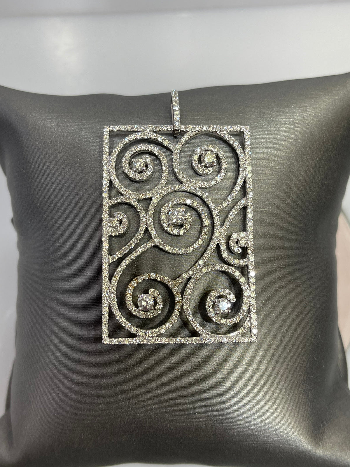 18 Karat White Gold Diamond Pendant Rectangular Design With Circles & Swirls