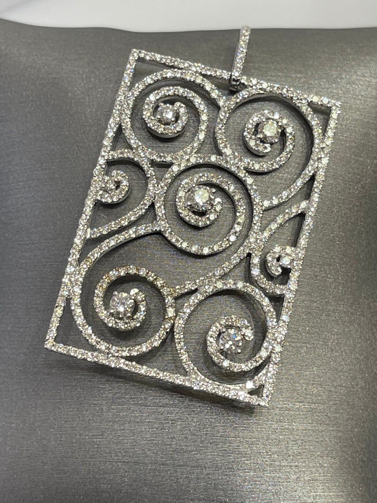 18 Karat White Gold Diamond Pendant Rectangular Design With Circles & Swirls