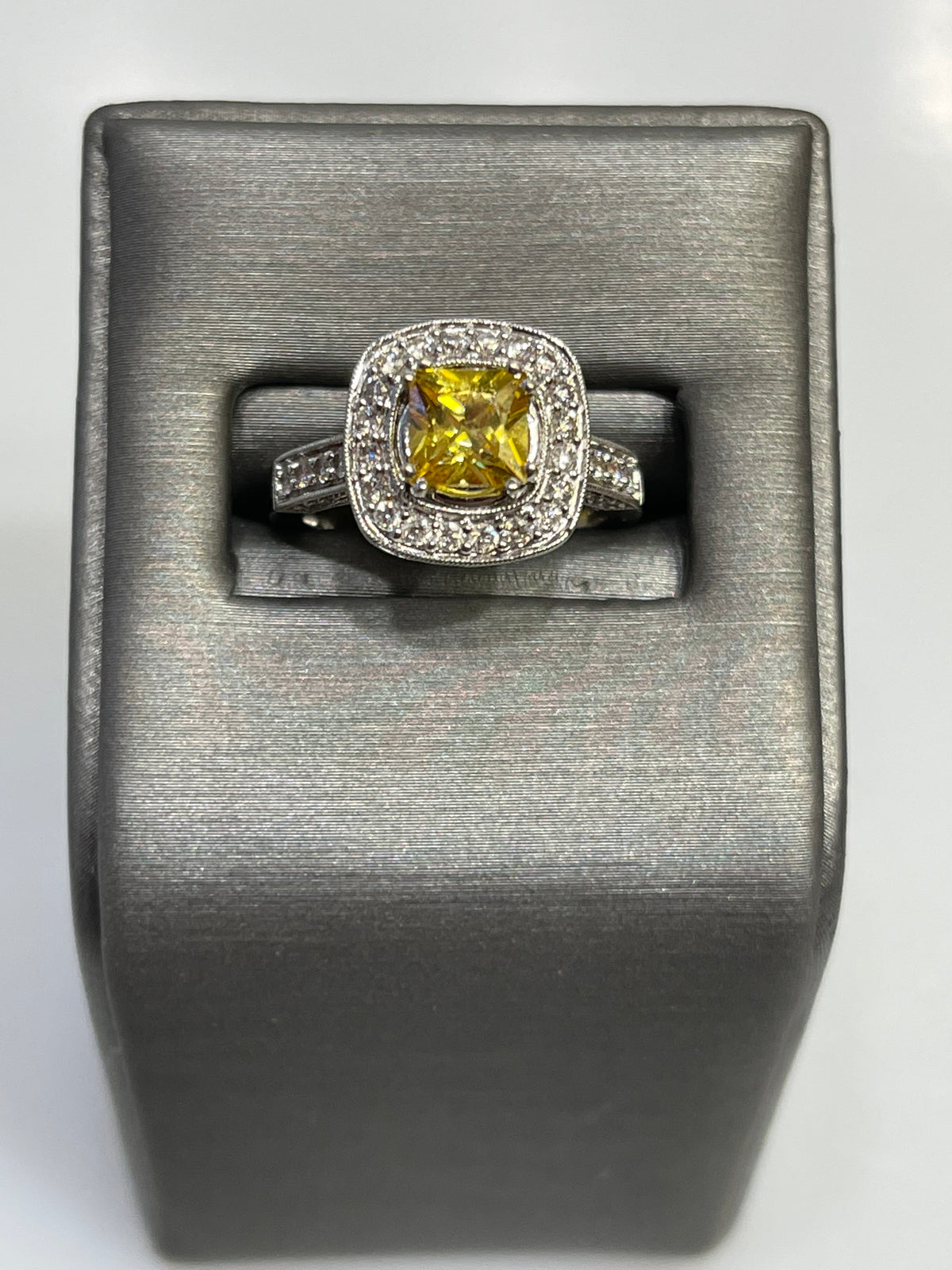 18 Karat White Gold Diamond Halo Ring With Ascher Cut Yellow Sapphire - Philadelphia Gold & Silver Exchange