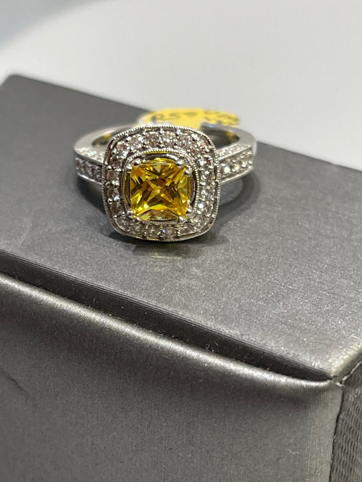 18 Karat White Gold Diamond Halo Ring With Ascher Cut Yellow Sapphire - Philadelphia Gold & Silver Exchange