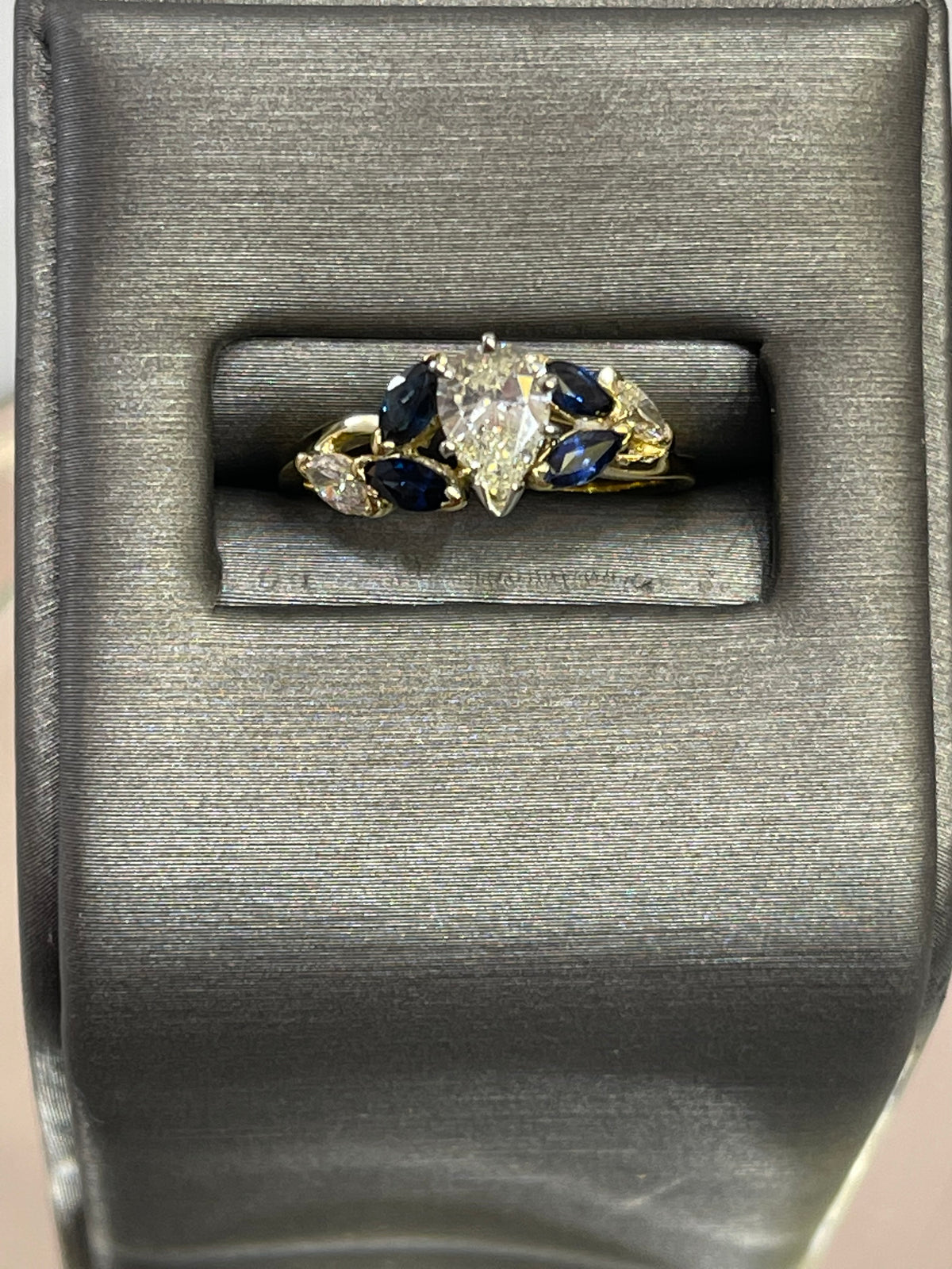 18KT Yellow Gold Custom Designed Pear Shaped Diamond And Marquise Sapphire Engagement Ring