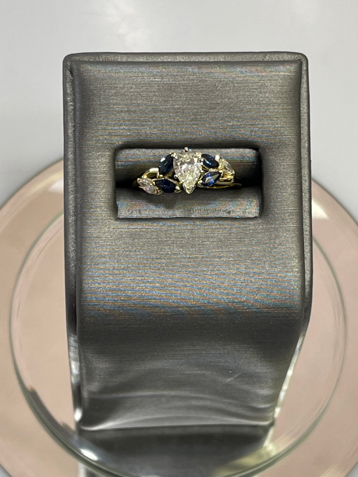 18KT Yellow Gold Custom Designed Pear Shaped Diamond And Marquise Sapphire Engagement Ring