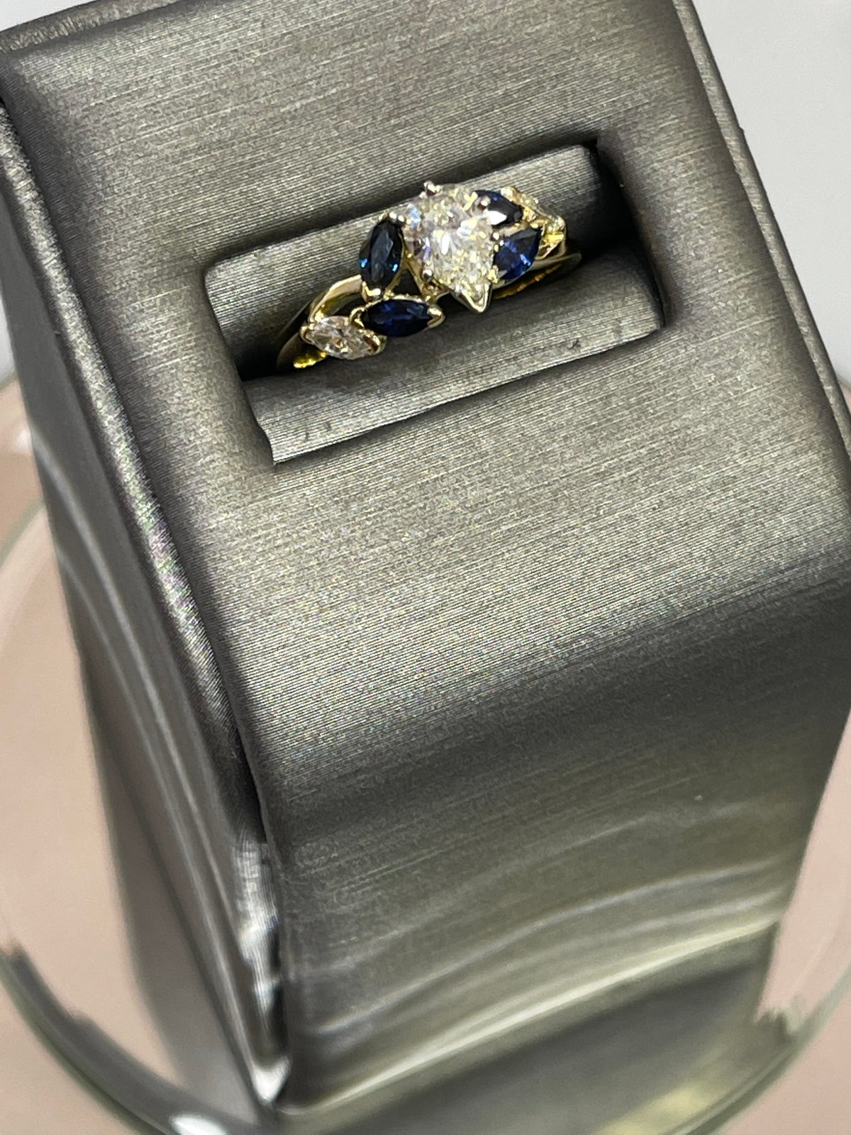 18KT Yellow Gold Custom Designed Pear Shaped Diamond And Marquise Sapphire Engagement Ring