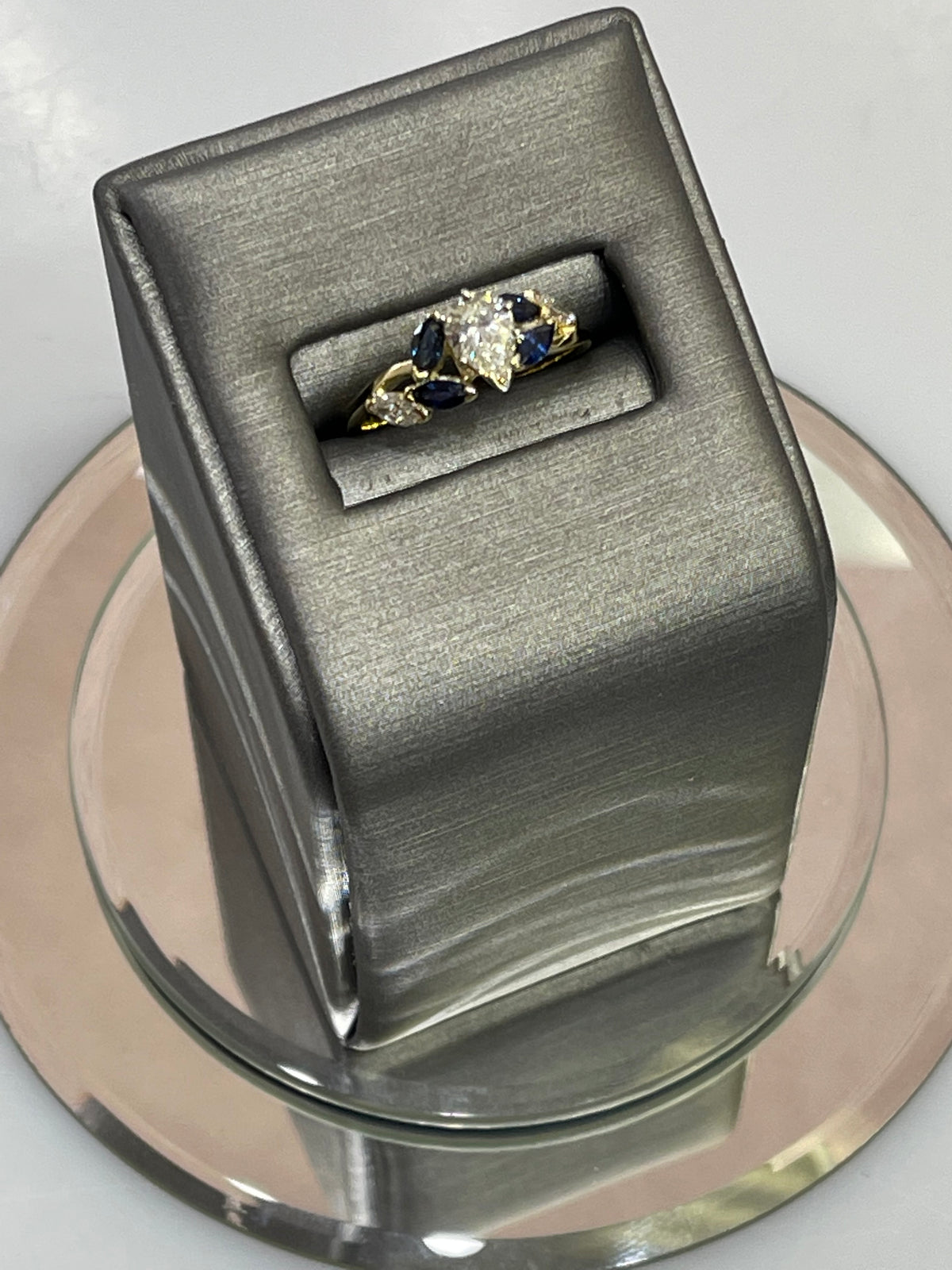 18KT Yellow Gold Custom Designed Pear Shaped Diamond And Marquise Sapphire Engagement Ring