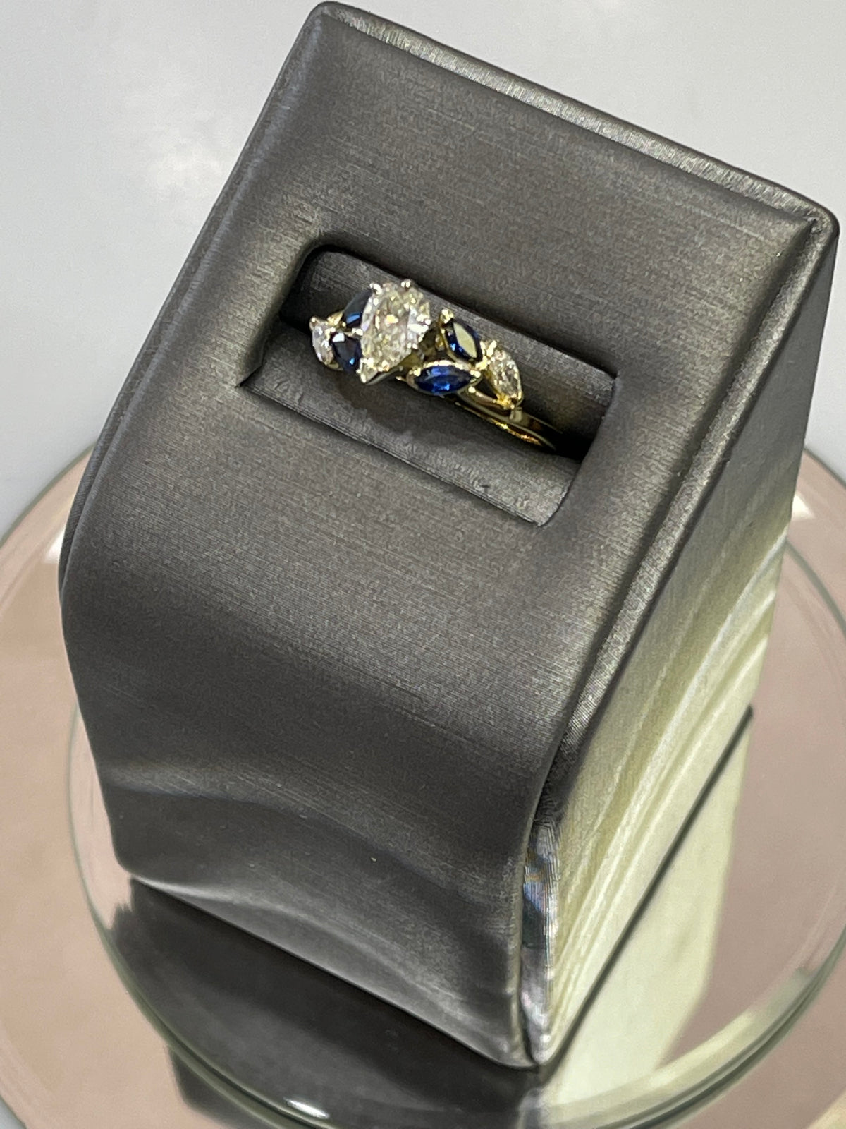 18KT Yellow Gold Custom Designed Pear Shaped Diamond And Marquise Sapphire Engagement Ring