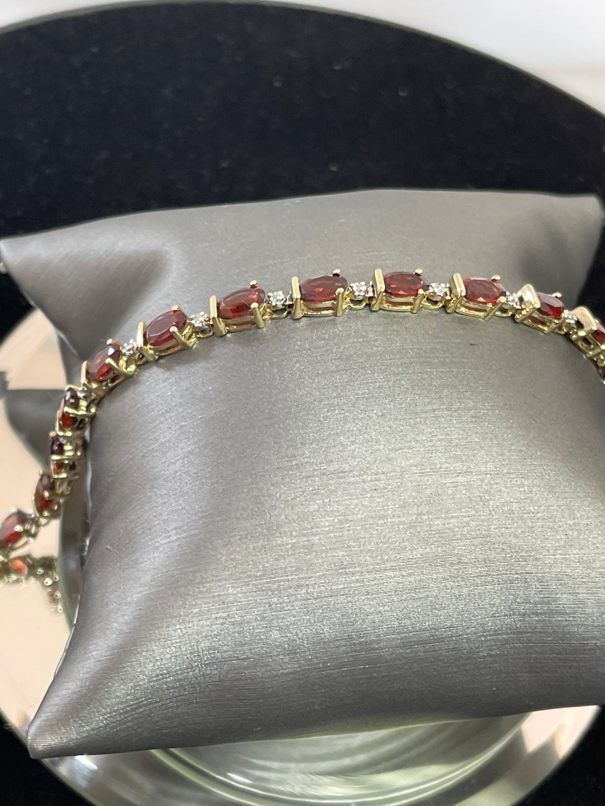 14KT Y/G Oval Garnet And Diamond Tennis Bracelet