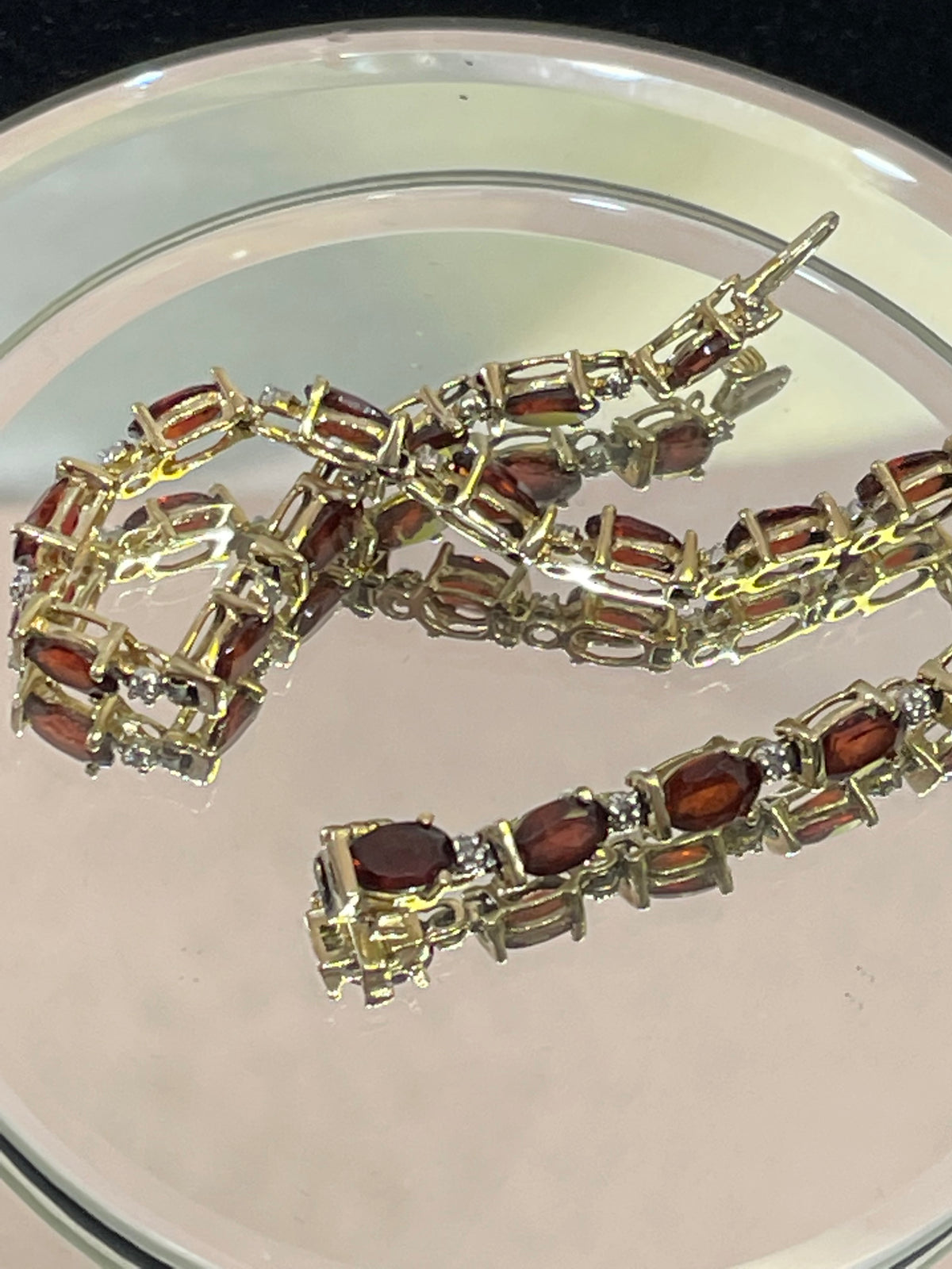 14KT Y/G Oval Garnet And Diamond Tennis Bracelet