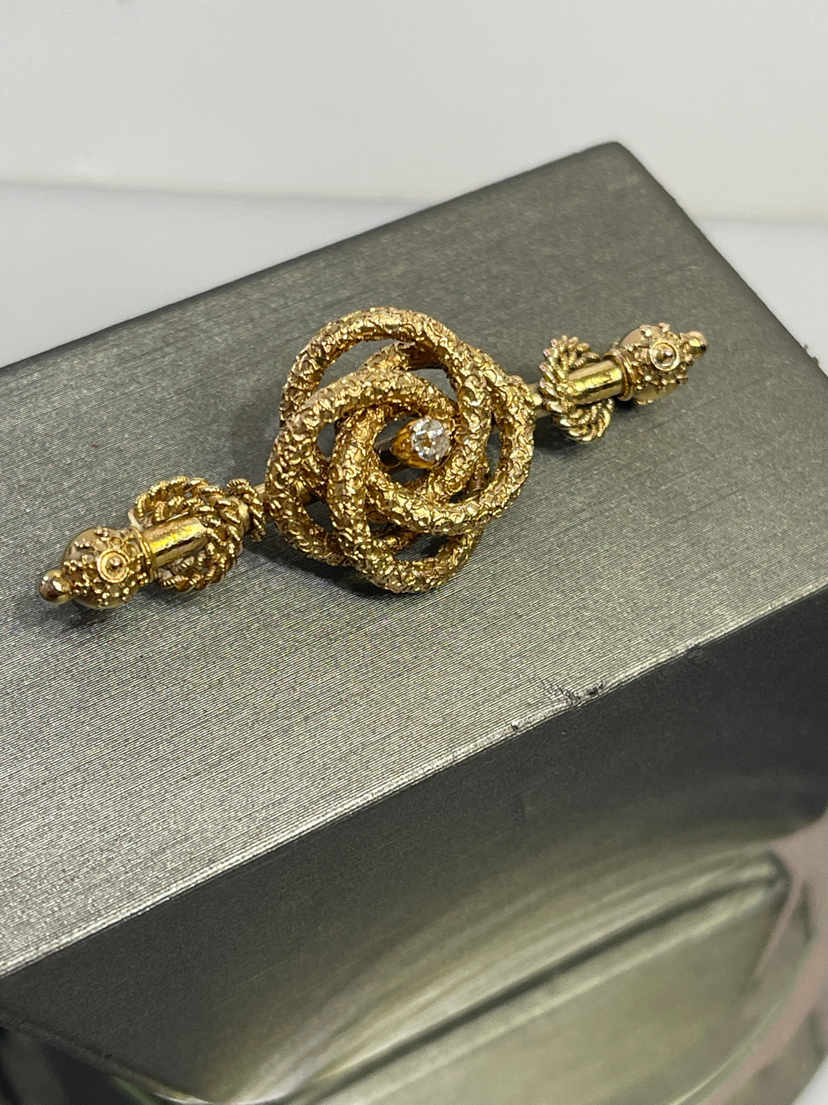 Antique 14 Karat Yellow Gold Diamond Love Knot Pin