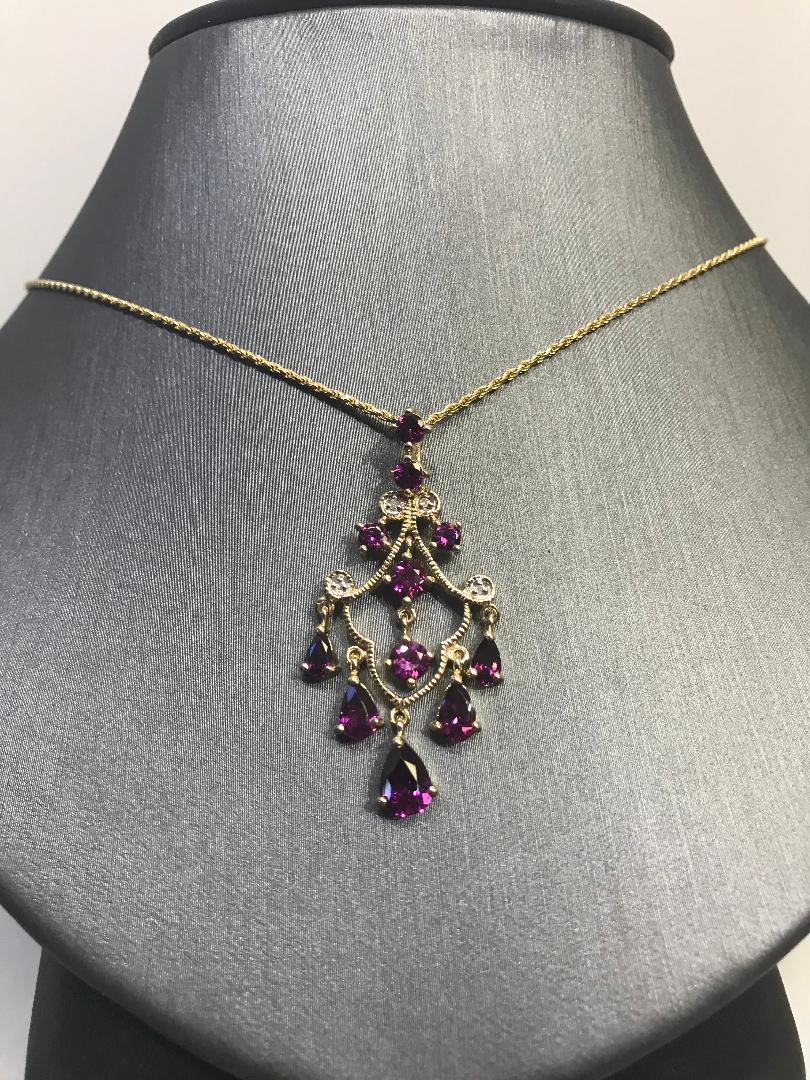 10 Karat Yellow Gold Diamond And Pink Tourmaline Dangling Pendant Necklace - Philadelphia Gold & Silver Exchange