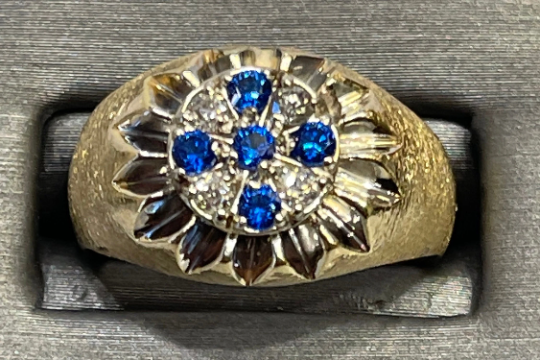 Men's 14 Karat Yellow Gold Stone Finish Diamond & Sapphire Ring
