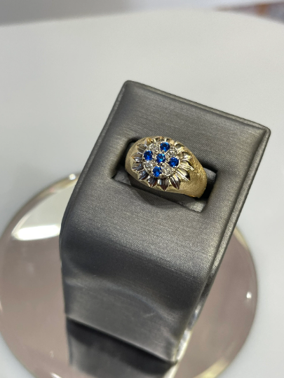 Men's 14 Karat Yellow Gold Stone Finish Diamond & Sapphire Ring