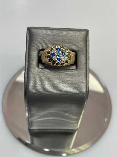 Men's 14 Karat Yellow Gold Stone Finish Diamond & Sapphire Ring