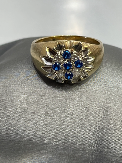 Men's 14 Karat Yellow Gold Stone Finish Diamond & Sapphire Ring